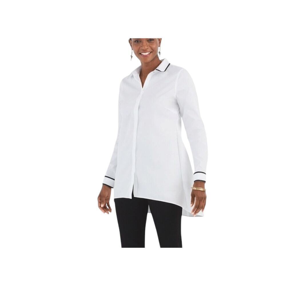 Chico's White/Black Button Up No Iron Contrast Trim Tunic Blouse Size US 4-6P - Picture 1 of 10